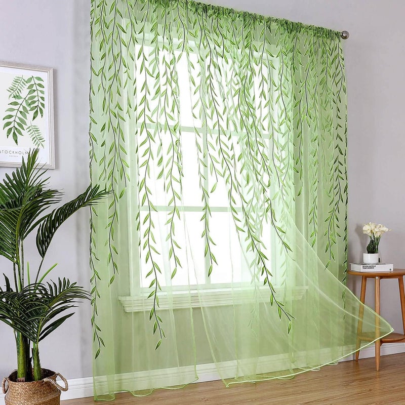 BROSHAN Green Sheer Curtains 108 Inches Long for Living Room, Vine Leaf Patterned Curtains 2 Panels Green Bedroom Curtain Sheers Voile Transparent Window Treatment Drapes for Closet Doorway Nursery Kids - Image 1